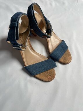SCHUTZ Denim Cork Wedge Sandals - Dark Blue